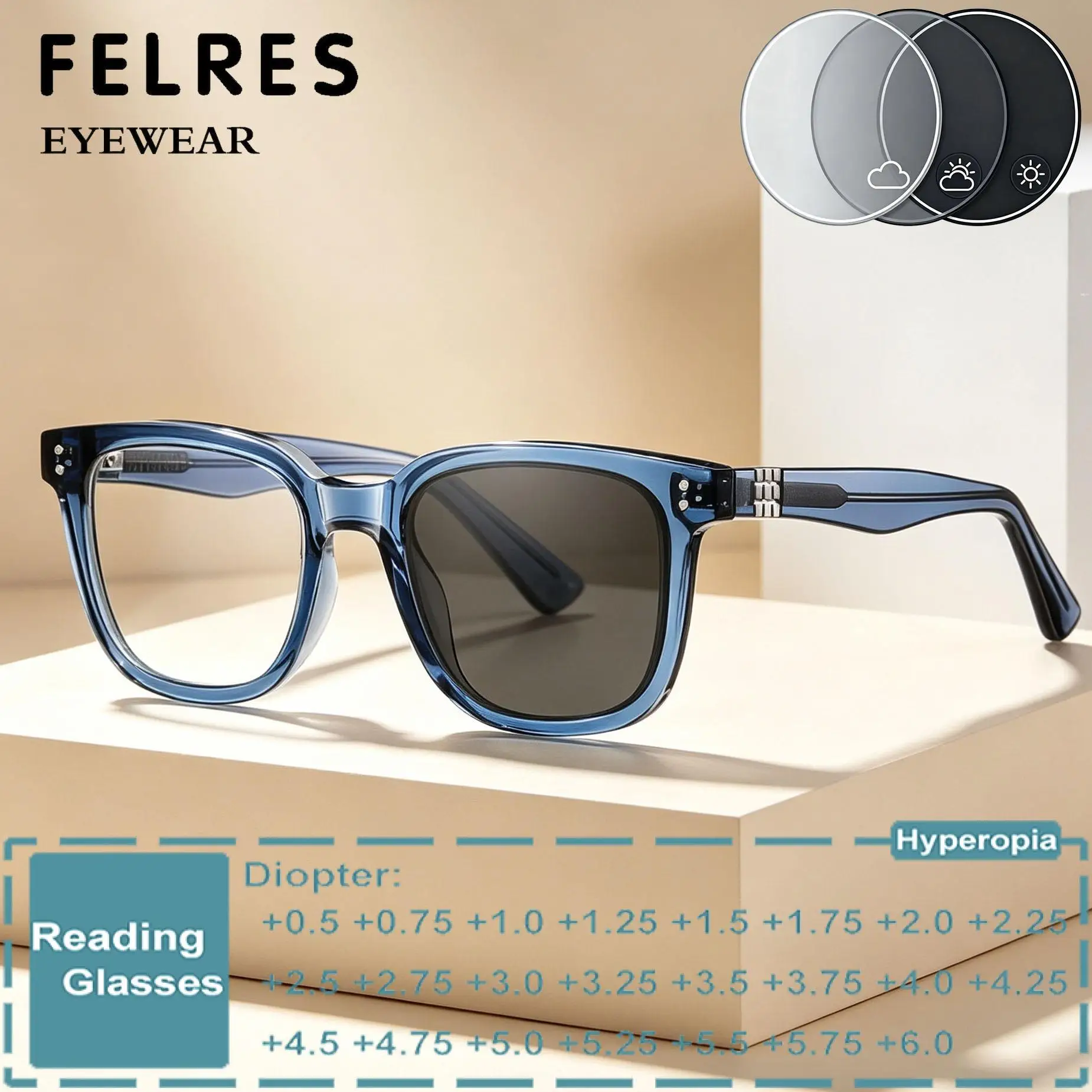 Brand Design TR90 Photochromic Reading Glasses Diopter +0.5 To +6.0 Men Women Square Discolour Single Focus Presbyopic Eyewear