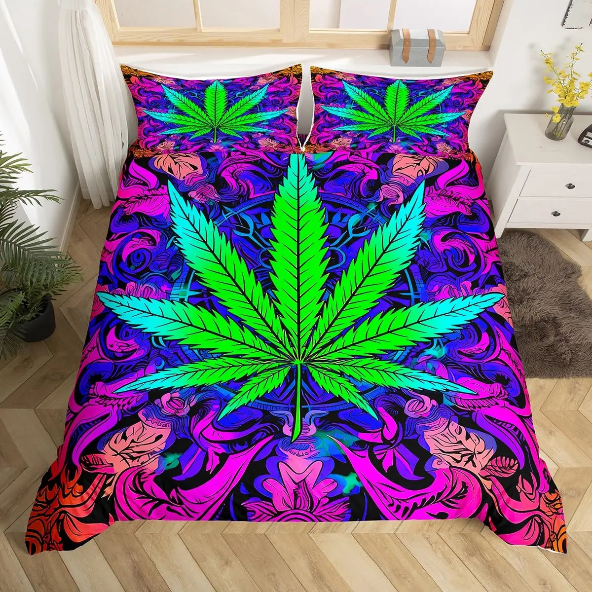 

Красочный комплект постельного белья с 3D принтом листьев марихуаны, удобный комплект пододеяльников King Queen, двойной размер, подарок на день рождения, украшение для спальни