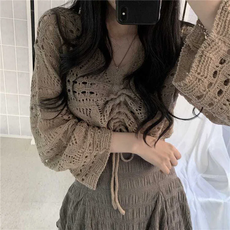 Lucyever Vintage Thin Hollow Out Sweater Women 2024 Spring Summer New French Knit Pullover Female Shawl Sun Protection Short Top