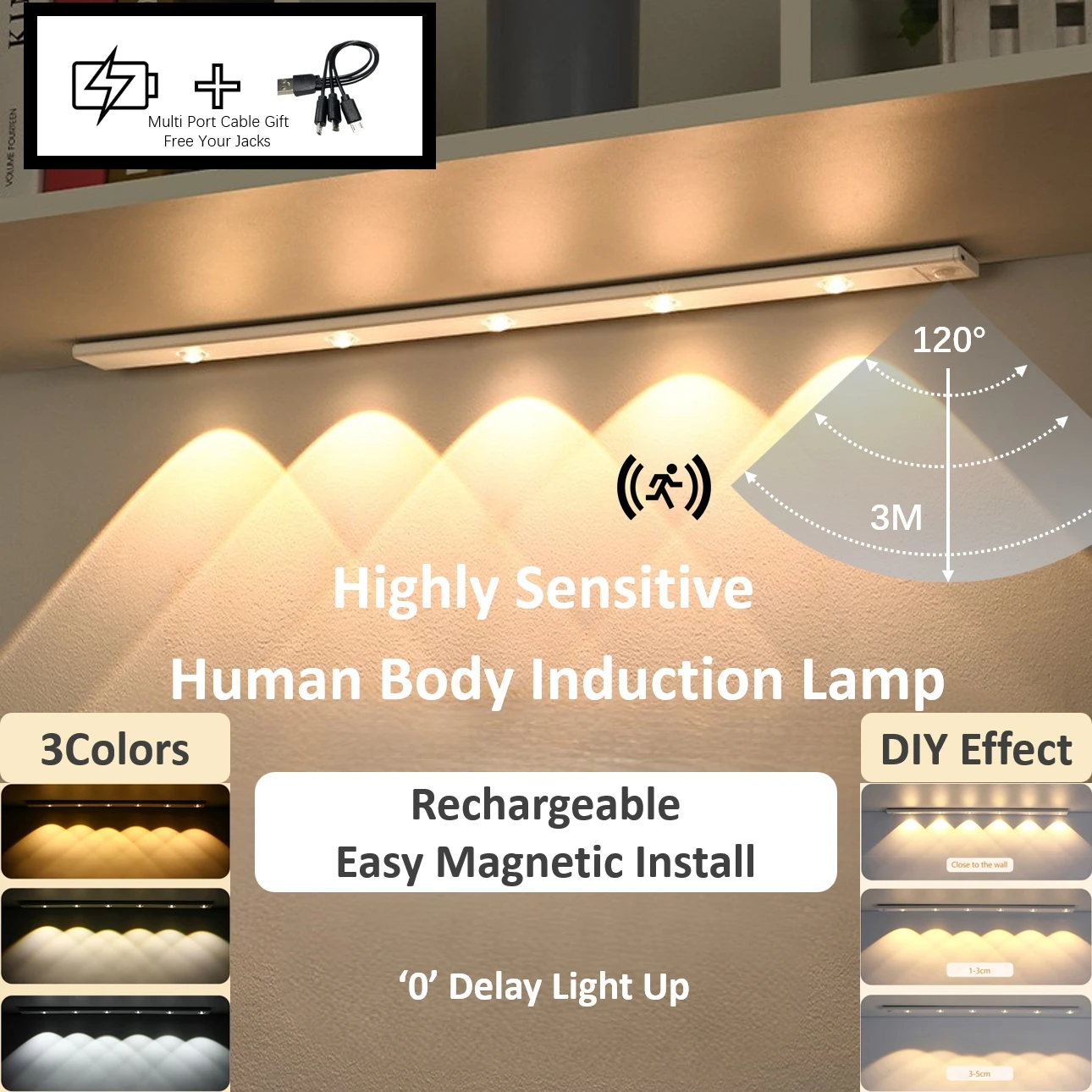 3Colors Superthin Rechargeable Motion Sensor Intelligent LED Under Cabinet Smart Night Light for Closets Kitchen Stairs Cabinets