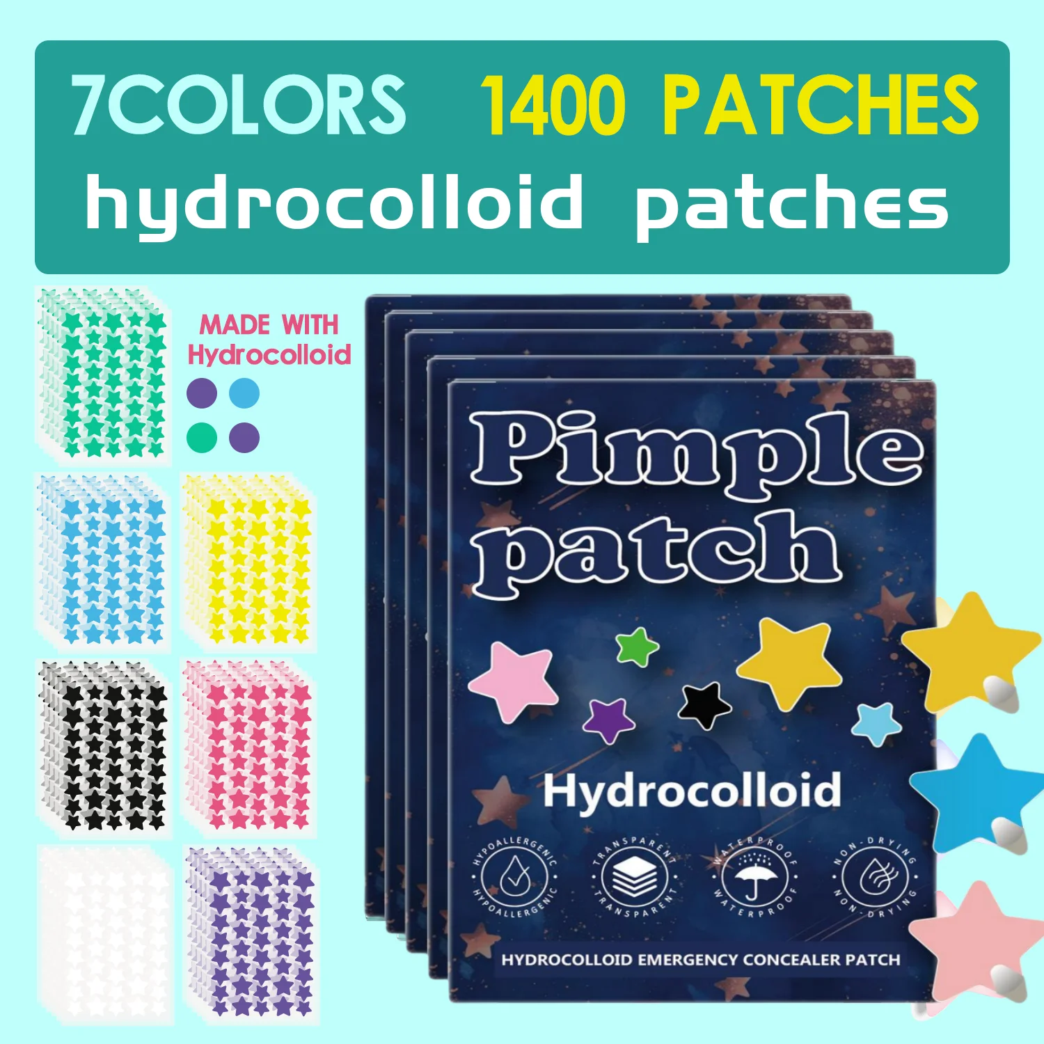 1400 pieces of multi-color star acne patches, facial acne patches, concealer acne patches, and pimples patches, ultra-thin