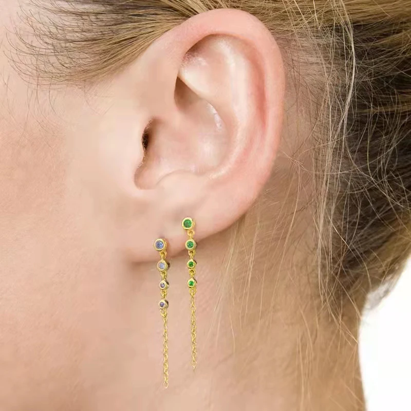 925 Sterling Silver Needle Colorful Crystal Round Stud Earrings For Women Exquisite Long Chain Pendant Earrings Luxury Jewelry - Image 4