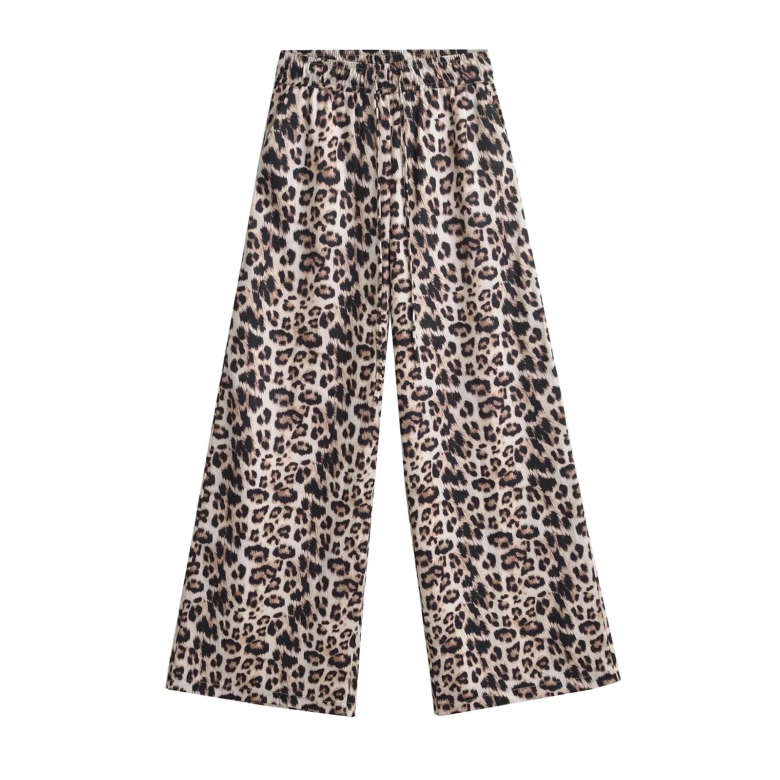 Frauen Leopard Gedruckt Faux Leinen Frauen Breite Bein Hosen Taschen Seite Elastische Hohe Taille Hose Y2K Herbst Hosen 8018/403