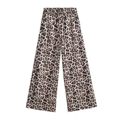 Women Leopard Printed Faux Linen Women Wide Leg Pants Pockets Side Elastic High Waisted Pant Y2K Autumn Trousers 8018/403
