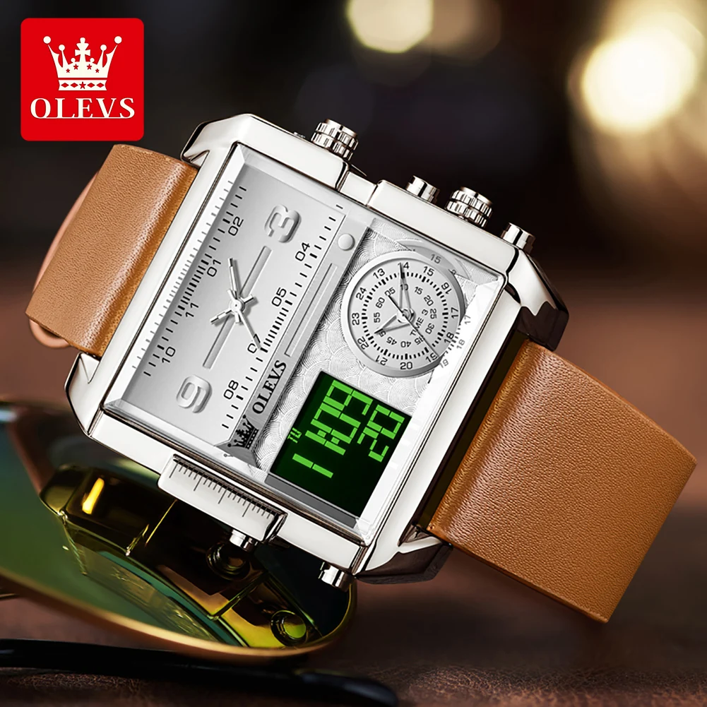 

OLEVS 1101 Quartz Movement Watch LED 30m Waterproof Square Dial Leather Strap 24-hour Display Alarm Set Dual Time Watch For Men