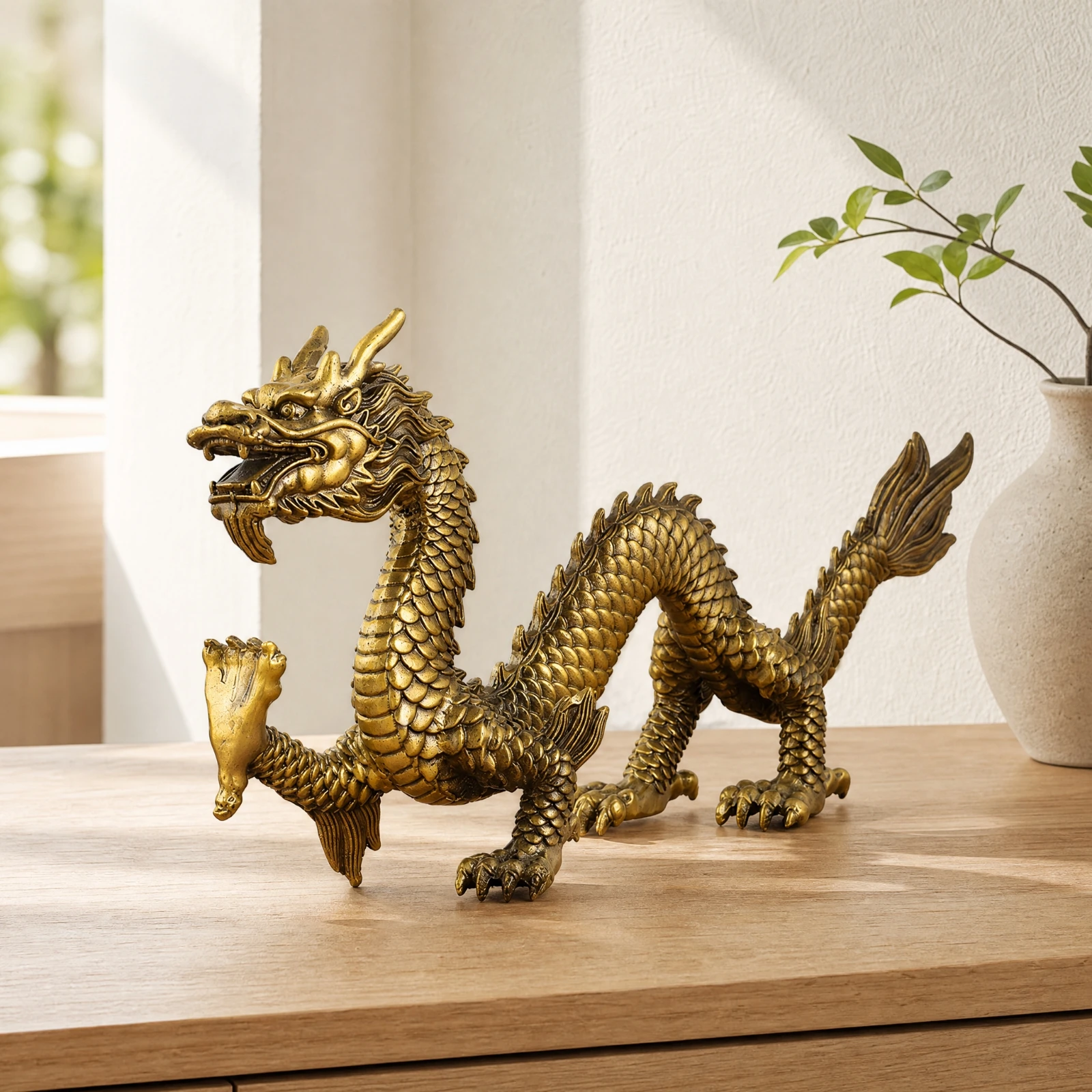Sculpted Dragon Display Piece Ornate Chinese-Style Brass Dragon Figurine Brass Animal Figurine Vivid for Asian Art Collectors