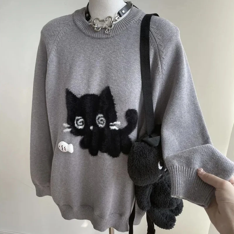 Vintage Women Cute Sweater Cartoon Cat Jacquard Long Sleeve Knitted Pullover Korean Fashion All Match Loose Female Tops New