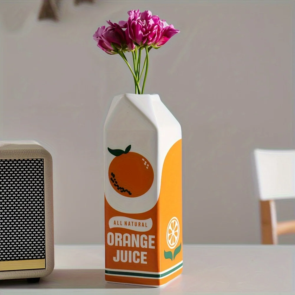 

Modern Style Ceramic Vase Creative Orange Juice Carton Design Decorative Tabletop Flower Container For Living Room Office Decor