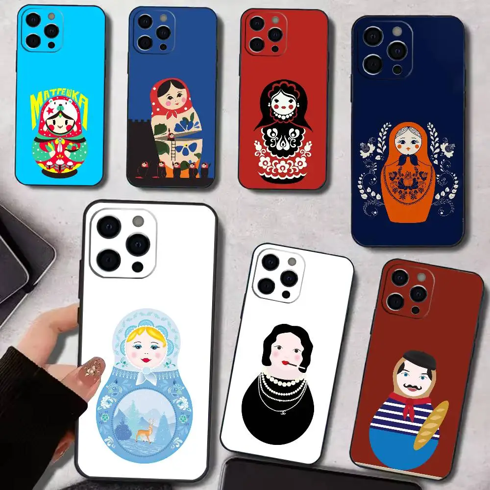 Capa de Silicone Macia Preta M-Matryoshka Russian D-Dolls para iPhone 17, 16, 15, 14, 13, 12, 11 Plus, Pro Max, XS