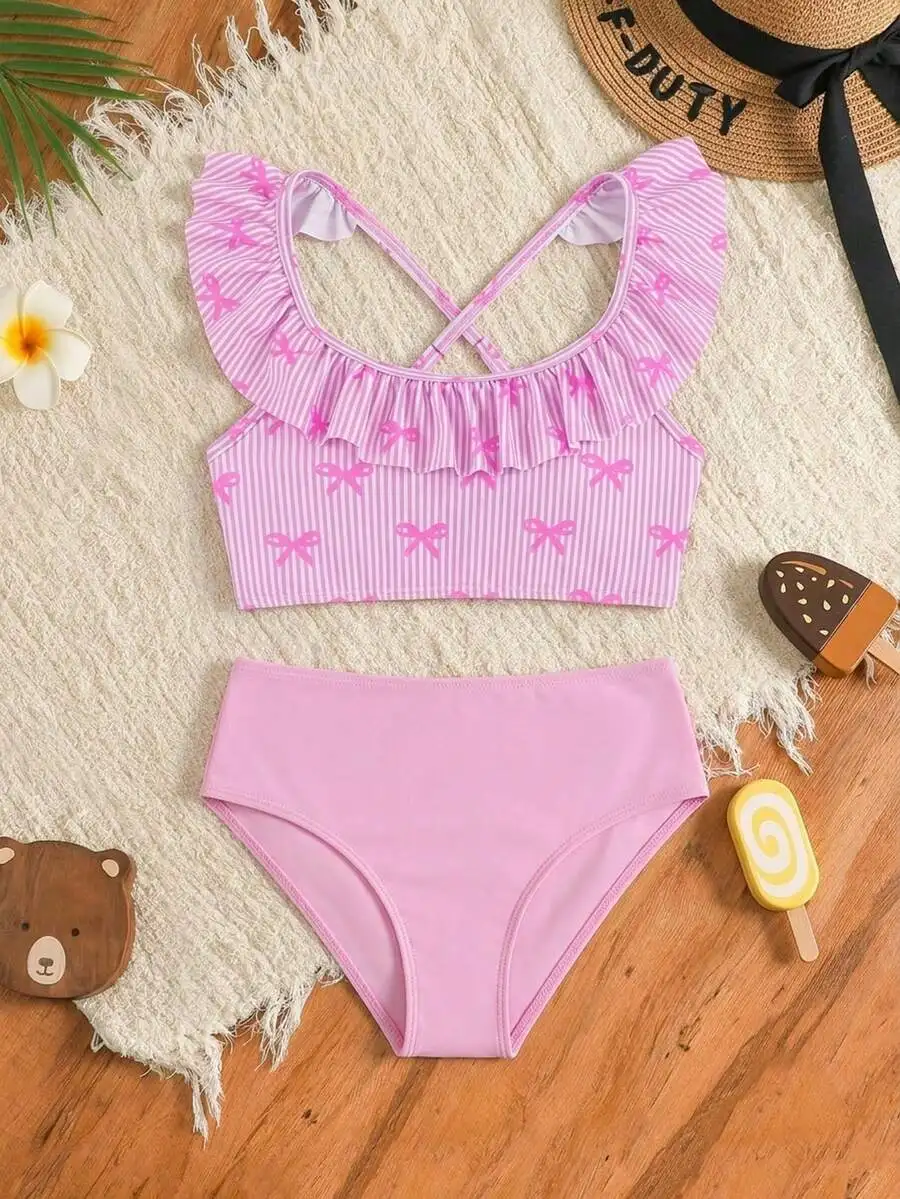 Sweet Pink Two-Piece Swimsuit For Tweens: Striped Bow Print, Ruffled Cross-Back Top And Solid High-Waisted Bottom