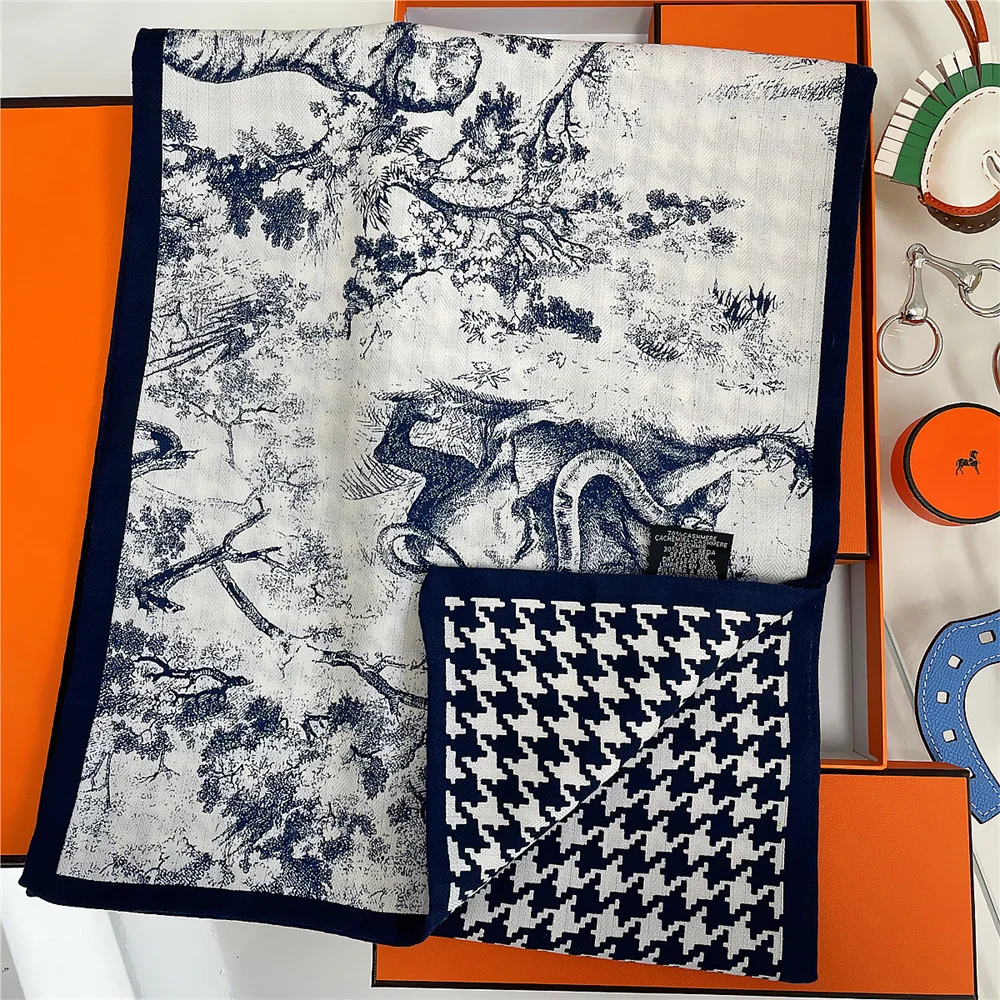 30% Silk 70%Cashmere Scarf Women Hand Rolled Animals Printed Long Scarves Wraps Bandana Big Shawls Hijabs Female Foulards