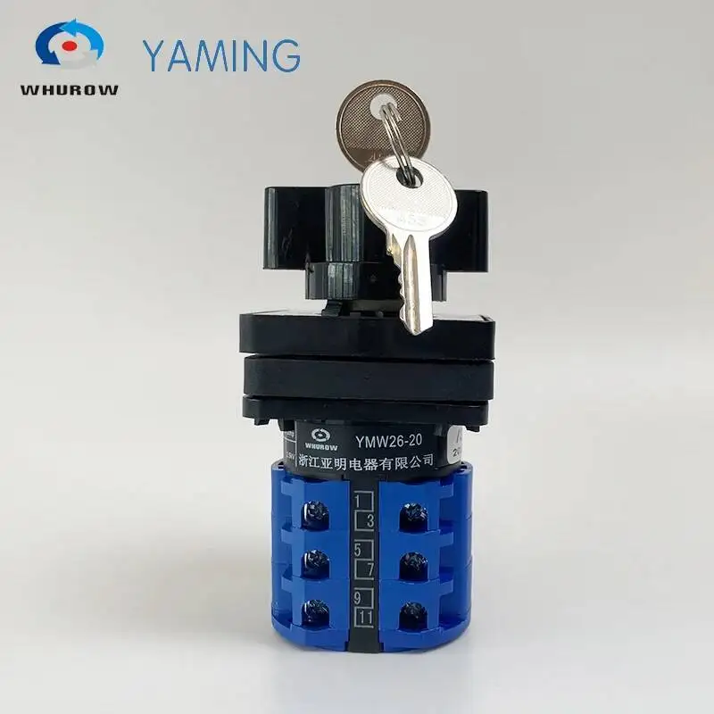 Interruptor da came com chave de bloqueio ymw26 LW26-20YS2/3 três positons prata contato 20a 3 pólos seletor giratório elétrico
