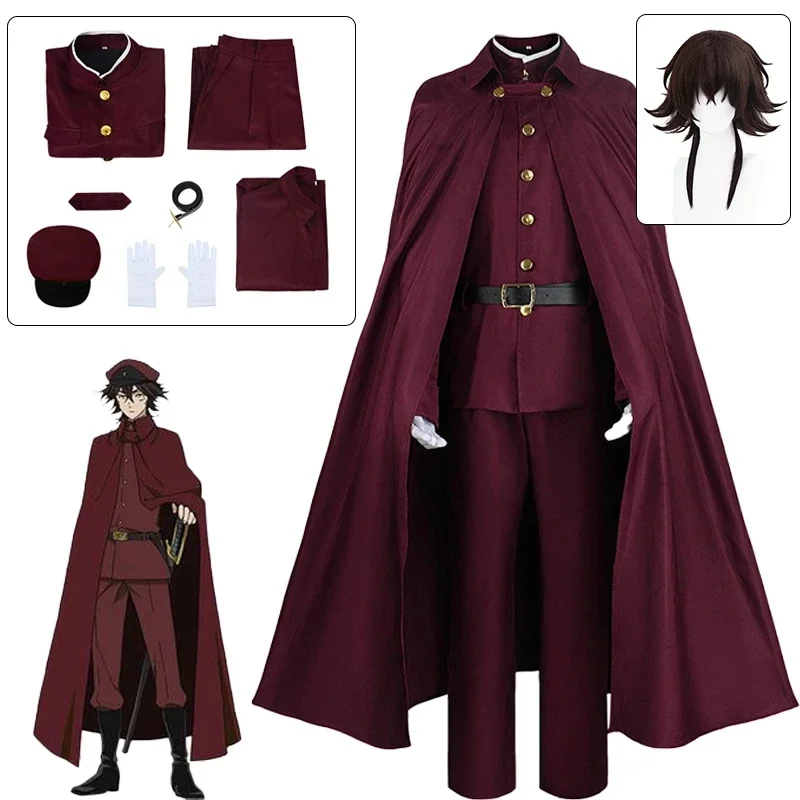 

Tetchou Suehiro Cosplay Costume Wig Bungo Stray Dogs Season 4 Hunting Dogs Team Red Uniform Brown Hair Anime Hat Gloves Cloak