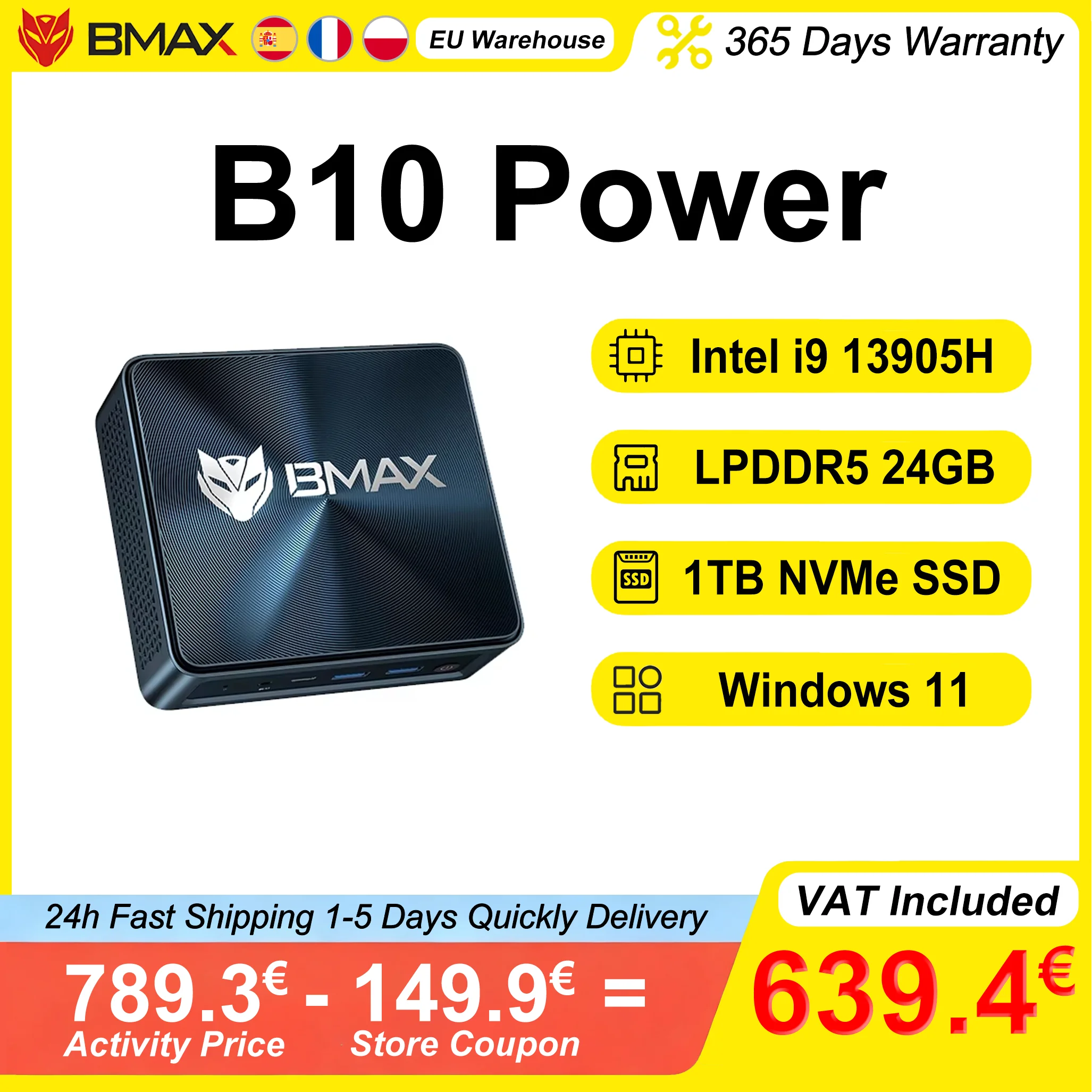 Bmax B10 Power Mini PC, Intel Core i9 13905H, 24 GB RAM, 1 TB SSD, Windows 11 Pro, 14 kernen, 20 threads, wifi, Bluetooth, USB, HDMI, Type-C.
