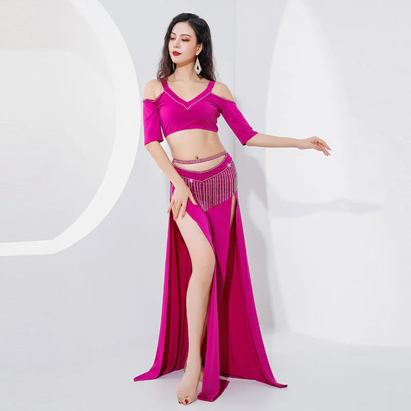 

New style belly dance women's high-end hollow V-shaped hot drill tassel training clothes Oriental dance performance clothes