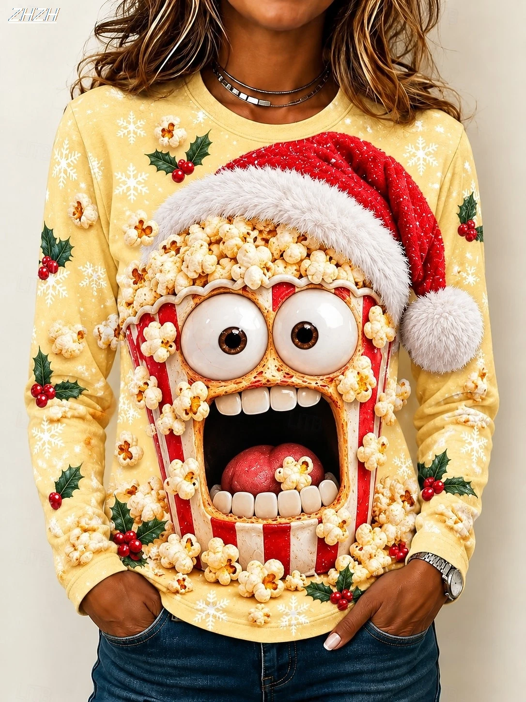 Women Long Sleeve + Xmas Family Gathering + Funny Popcorn Santa Hat Graphic POD + Crew Neck T-Shirt