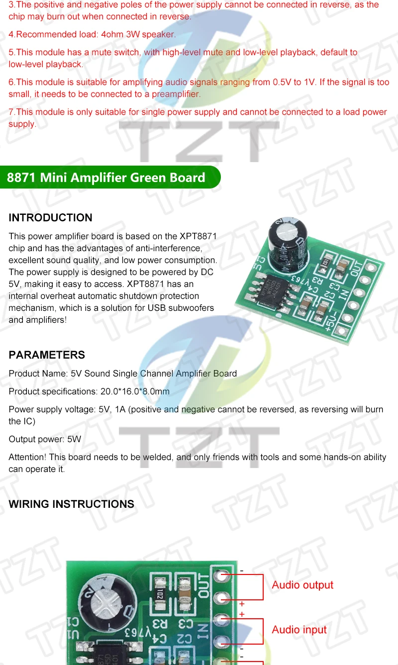 1/3 Stück 5W MINI Audio-Leistungsverstärkerplatine 3-5V XH-M125 XPT8871 Mono-Verstärkermodul Audio DIY Verstärker-Kit – Detail 2