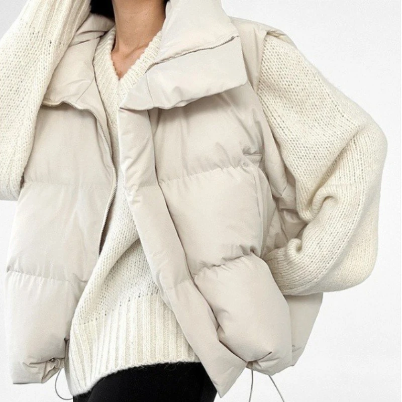 Women Y2k Parkas Vest Casual Coat Turn Down Collar Sleeveless Zipper Drawstring Hem Loose Office Jackets 2025 Autumn Winter