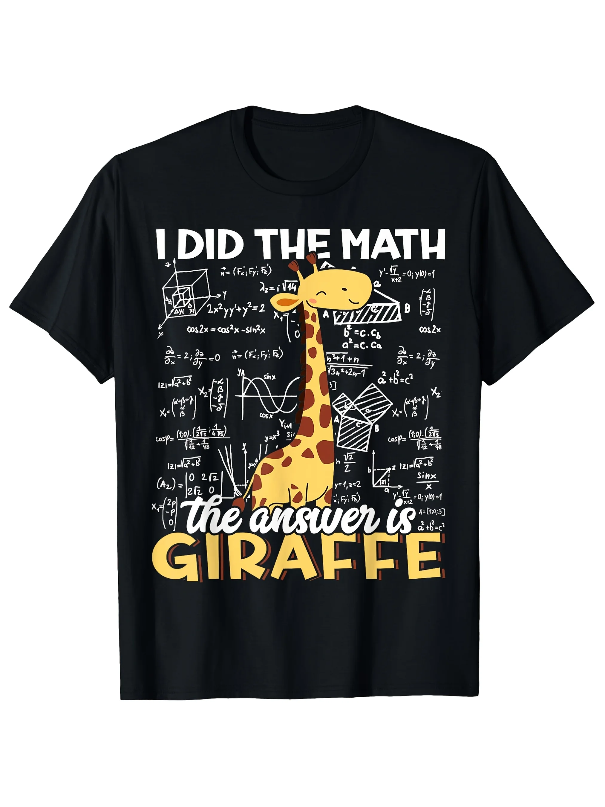 Funny Math Giraffe Graphic Cotton T-Shirt for Men "I Did The MathThe Answer is Giraffe" Design Black Short Sleeve Ro