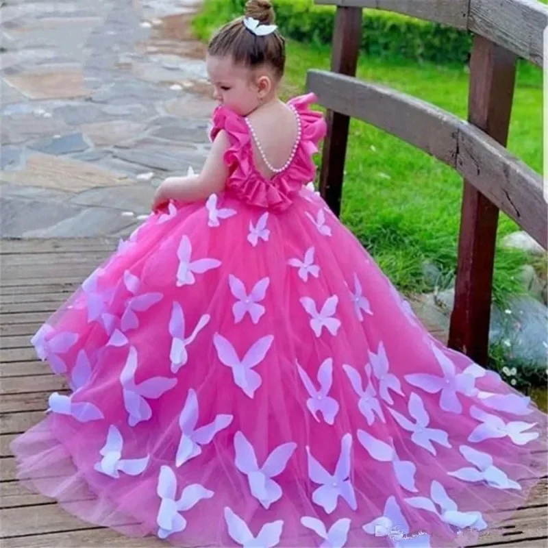 Flower Girl Dress Sleeveless Butterfly Pearls Round Collar Children Girl Wedding Birthday Party First Communion Holiday Gown