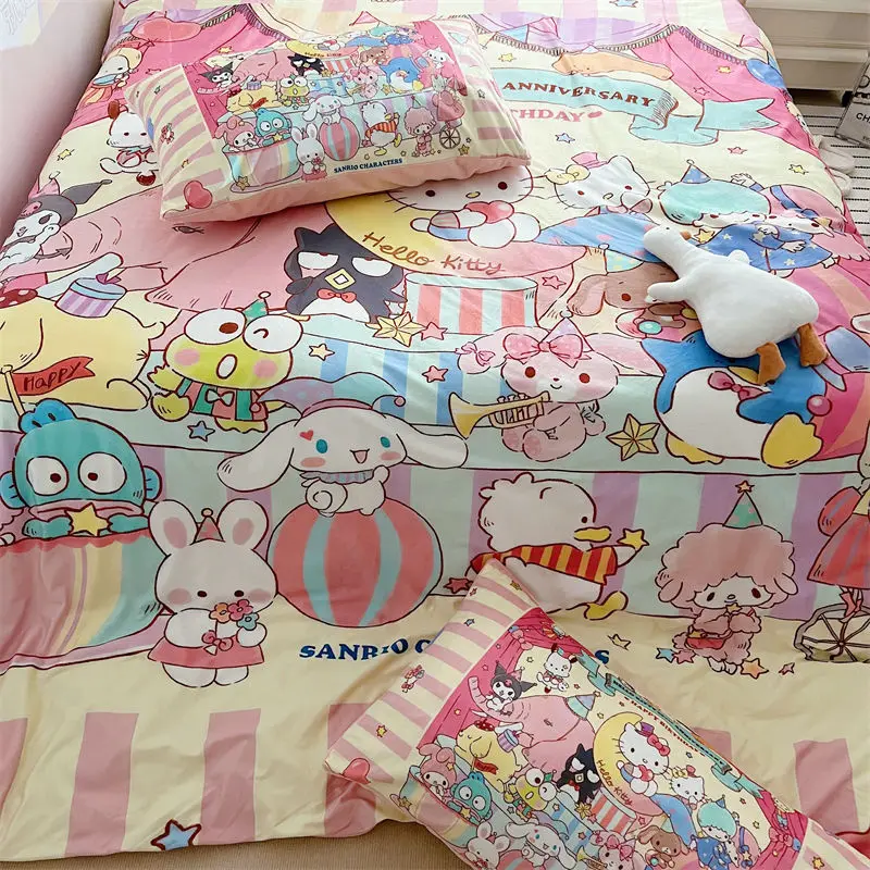 

Cartoon Kt Hello Kitty Cinnamoroll Kuromi Milk Velvet Bed Four-Piece Set Warm Coral Velvet Bed Sheet Quilt Cover Hello Kitty