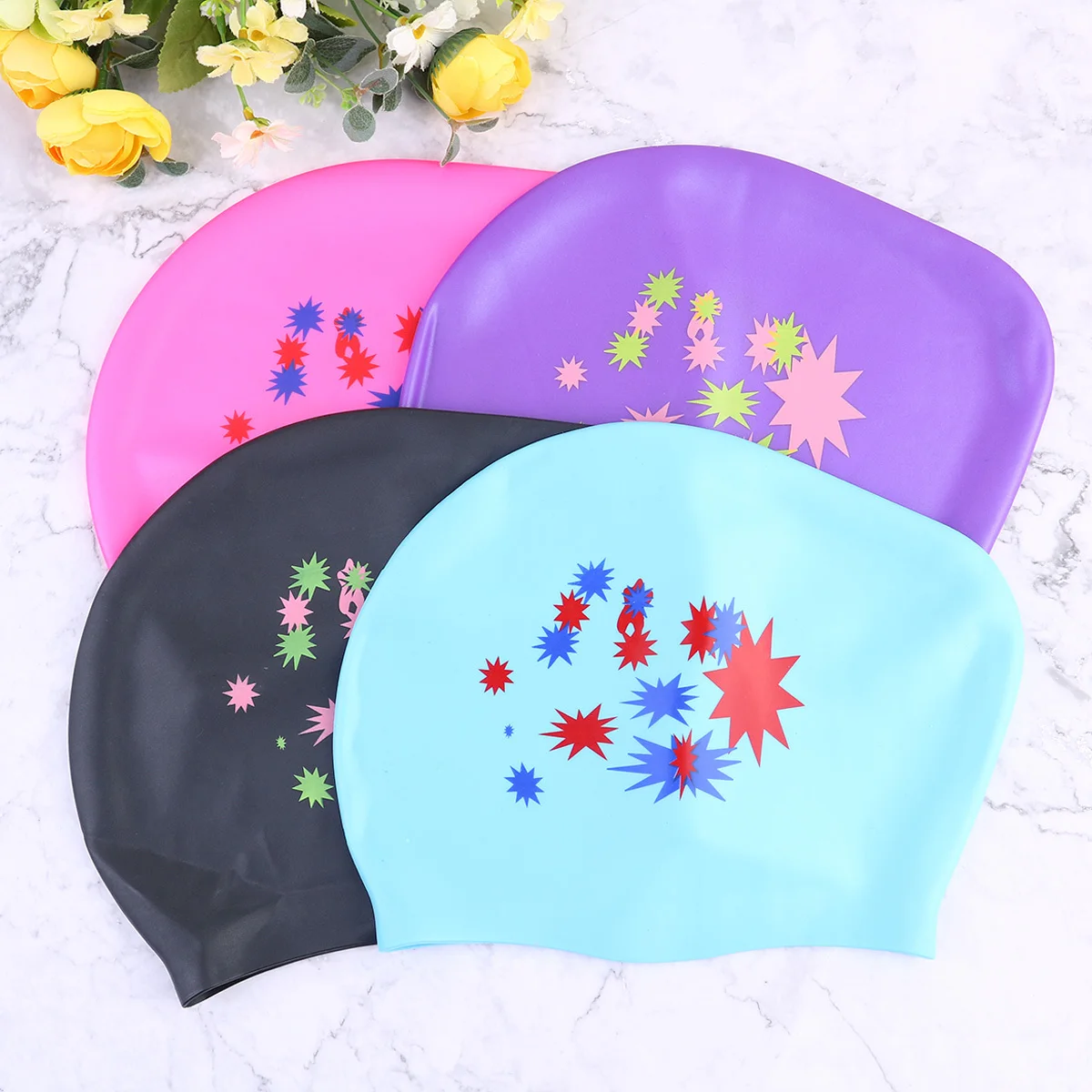 

Star Pattern Silicone Swimming Cap Waterproof Long Hair Ear Protection Swim Hat for Women Female Black Random Style Color