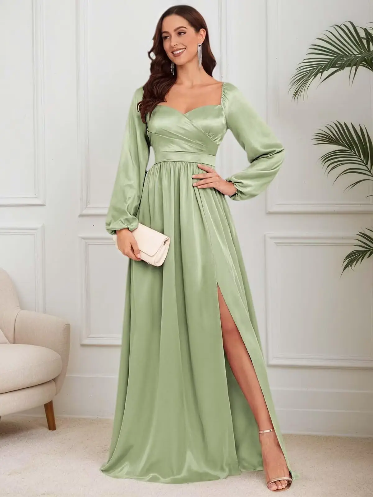 

Satin Bridesmaid Dresses for Women Long Sleeve Fall Modest Formal Evening Gowns with Slit