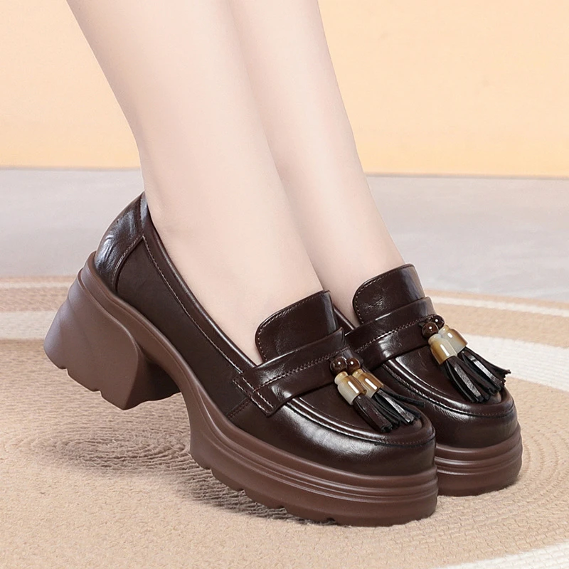 

Womens Black Leather Platform Loafers With Tassel And Bead Detail Chunky Heel Comfortable Slip On Shoes Office Work Daily Wear