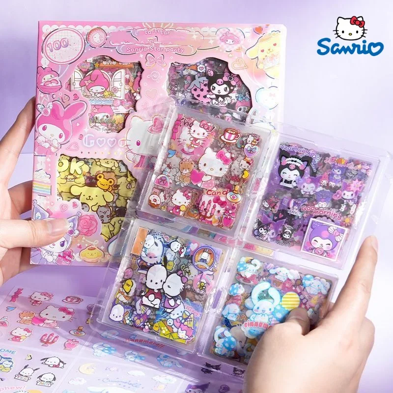 100 Pages Sanrio Sticker Hello Kitty Cinnamoroll Melody Waterproof PET Material Handbook Stickers Gift Box Cute Mug Sticker Set