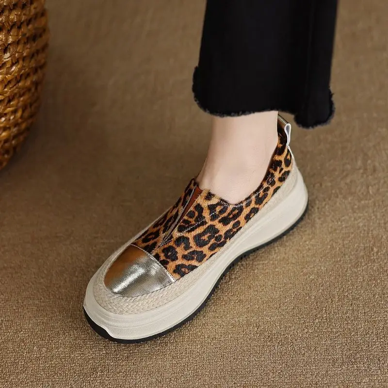 

Women Daily Flats Slip On Spring Casual Loafers Genuine Leather Sheepsuede Platform Shoes Girls Round Toe Vulcanized shoes