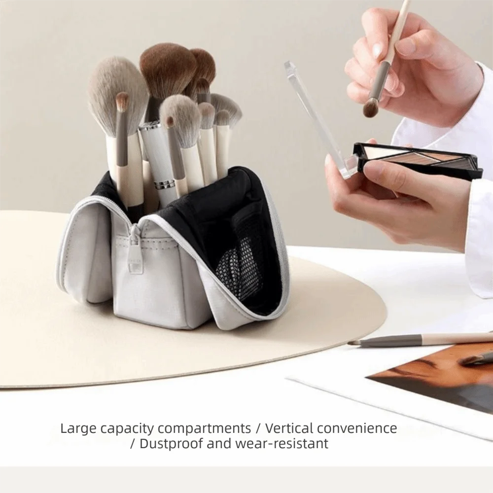 Waterproof Standing Cosmetic Pouch Double Zipper Large Capacity Makeup Brushes Holder Standing Design Multi-Compartment