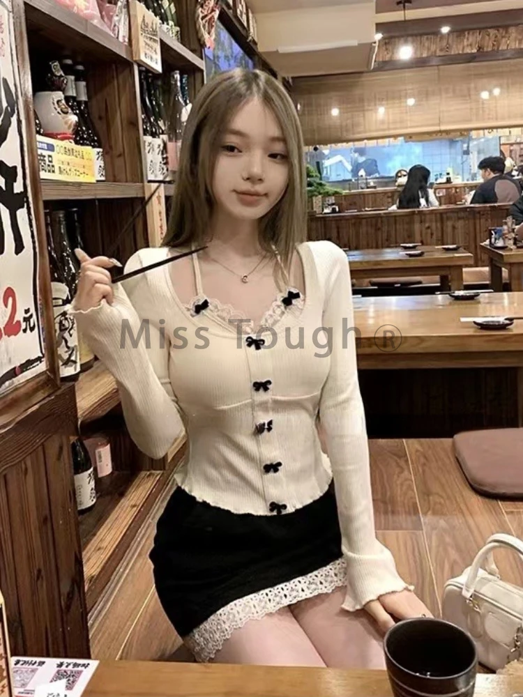 Autumn Bow Sweater Short Sexy Knit Tops Women French Elegant Lace Slim T-shirt Streetwear Korean Fashion Aesthetic Clothes 2024