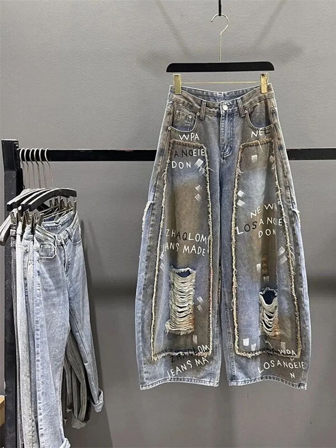 American Retro Graffiti Cutout Knife Jeans Women's Loose Casual Wide Leg Pants High Waist Blue Denim Summer Design Sense