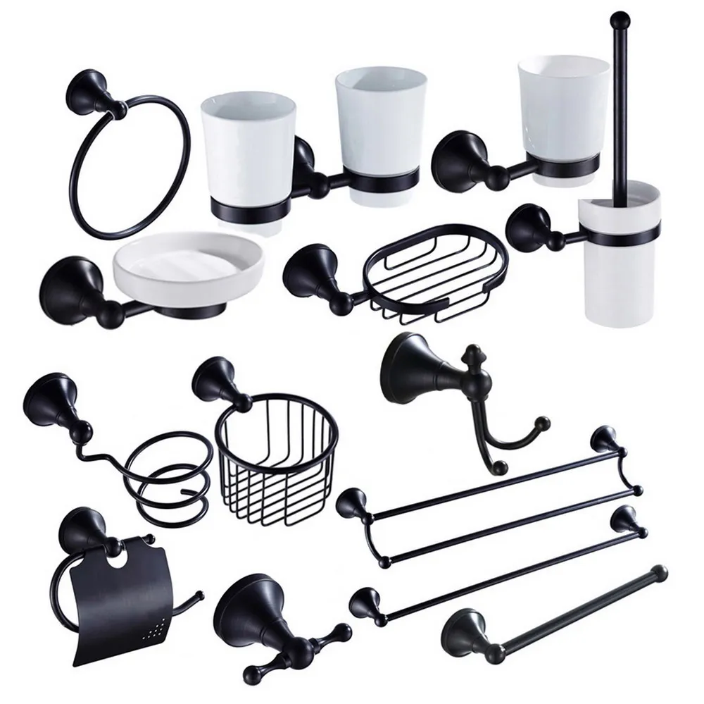 Black Brass Wall Mounted Bathroom Accessories Set Towel Bar Soap Dish Robe Hook Toilet Paper Holder Toothbrush Holder azh113