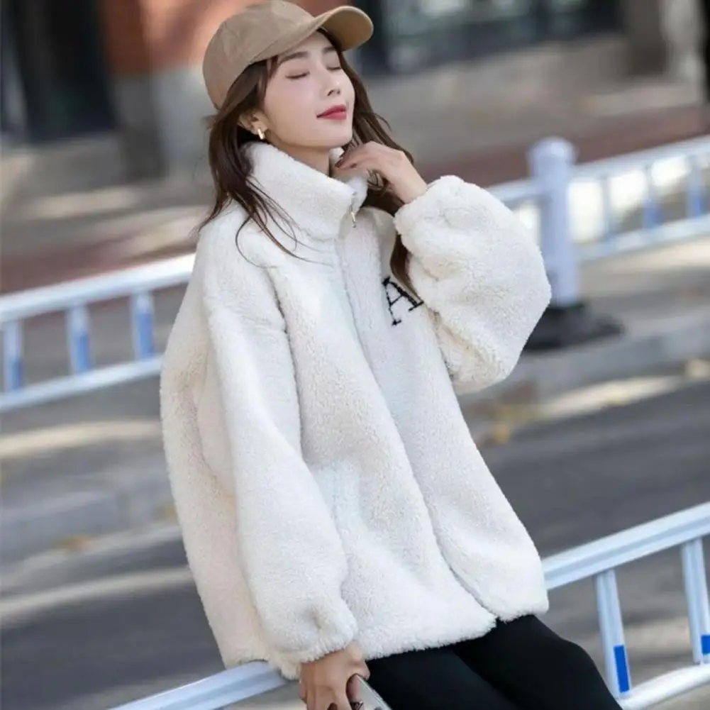 Solid Color Women Coat Stylish Women's Winter Coat with Stand Collar Embroidered Letter Detail Plush Pockets Warm for Cold