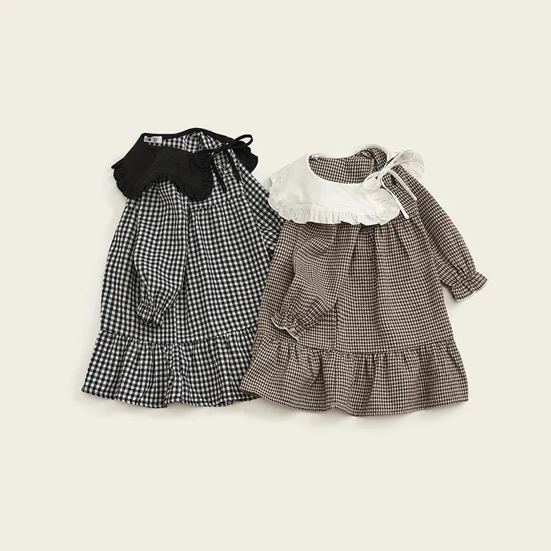 Ins Spring Autumn Toddler Girls Dress Cotton Lace Lapel Infant Babys Girls Dress Loose Long Sleeve Plaid Young Kids Girls Dress