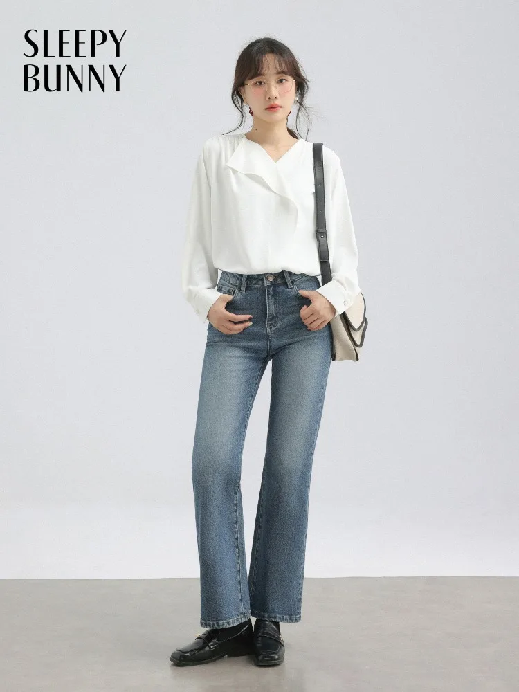 

Vintage High Waist Flared Jeans Retro Washed Straight Pants for Women Spring Casual Elastic Waist Slimming Denim Trousers Outfit