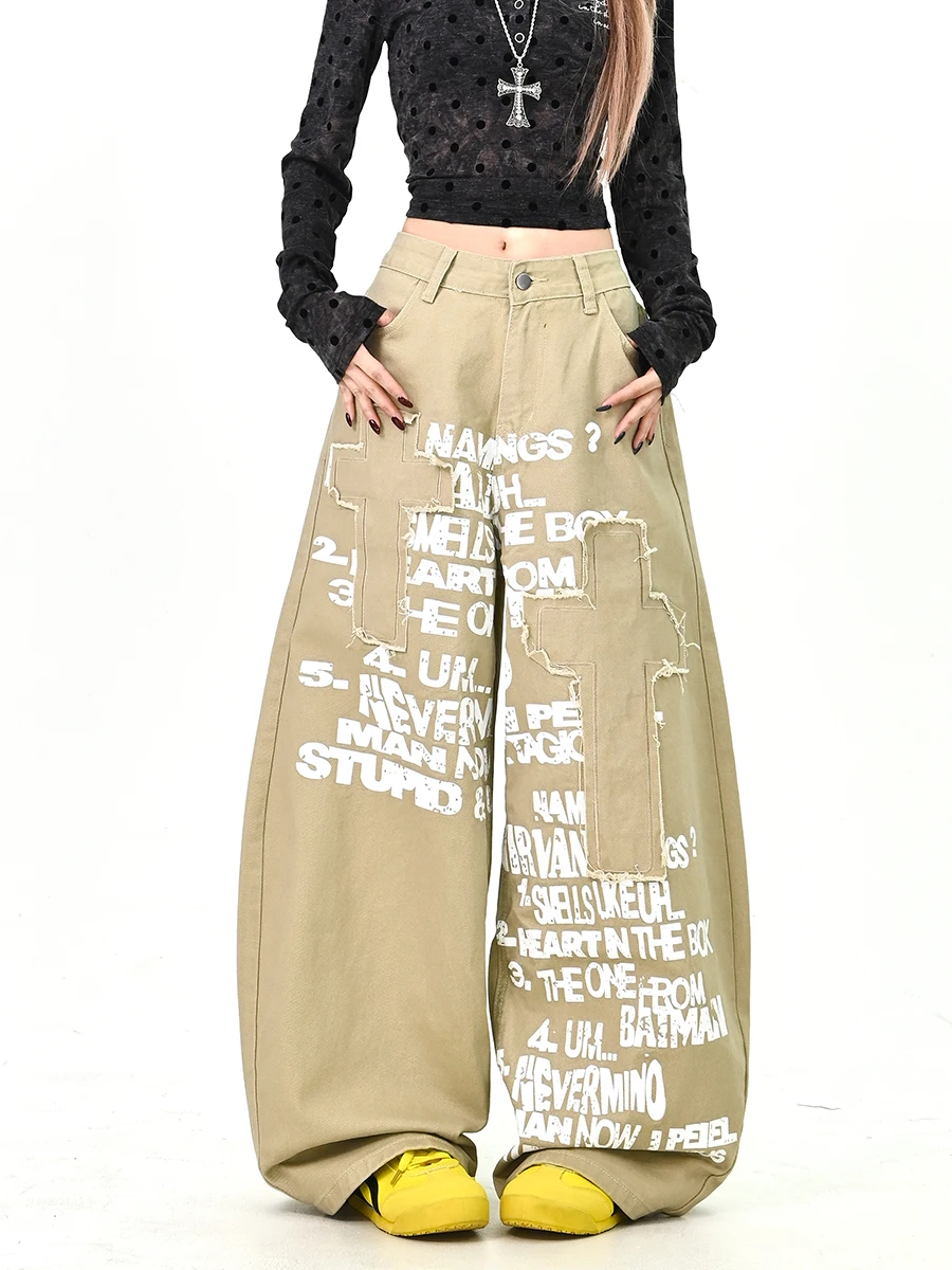 

Модные женские джинсы с широкими штанинами, новинка весны, свободные джинсы в корейском стиле с пэчворком и надписями, повседневные молодежные джинсы свободного кроя