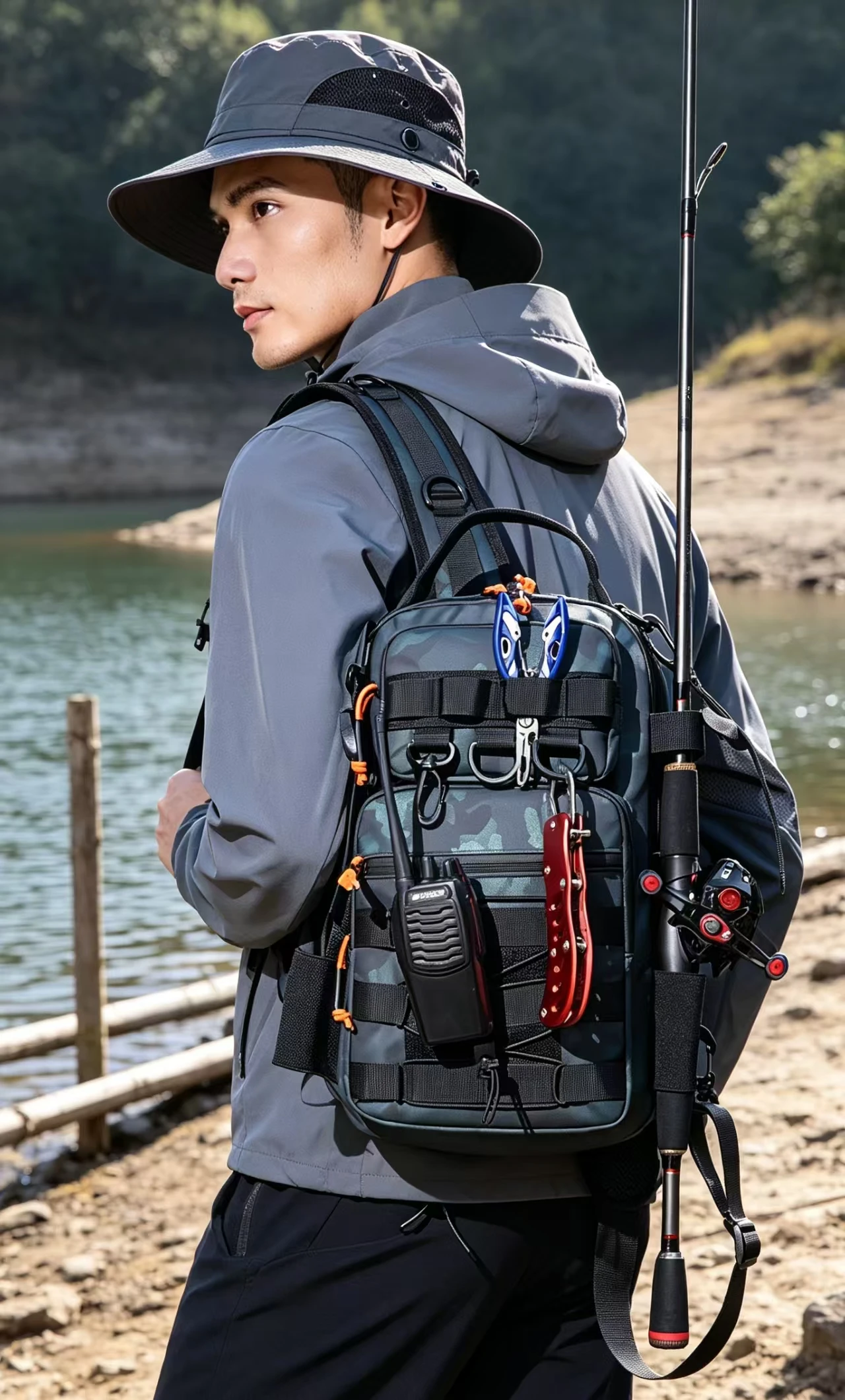 Herren-Doppelschulterrucksack, Einzelschulter-Umhängetasche zum Angeln, Outdoor-Ködertasche, Wander-Brusttasche, funktionelle Outdoor-Tasche, Tarnfarben-Reise-Sporttasche, Wander-Cross-Country-Rucksack, verschleißfeste – Detail 3