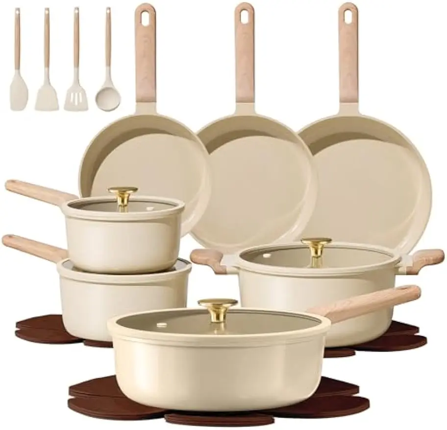 22pcs Ceramic Cookware Sets, Pots and Pans Set | Non-Toxic Kitchen Cooking Set with Silicone Lids, Easy Clean, Even Heating