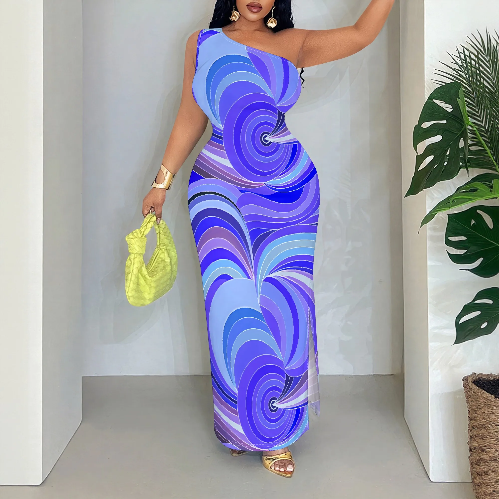 

Swirl Print, One Shoulder Dress, Sleeveless Maxi Gown, Abstract Blue Pattern, Summer Party Wear, S-2XL