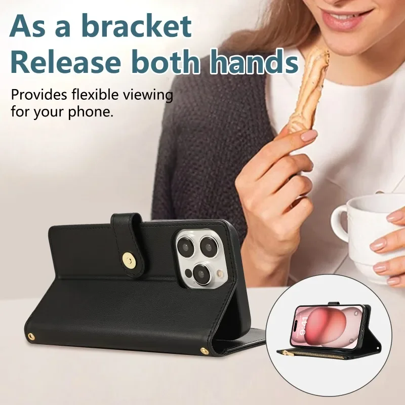 Umhängetaschen-Handyhülle aus Leder mit Handgelenkschlaufe für iPhone 16E 17 Ari 18 16 15 14 13 12 11 Pro Max 8 Plus, Brieftasche mit Kartenhalter. – Detail 8