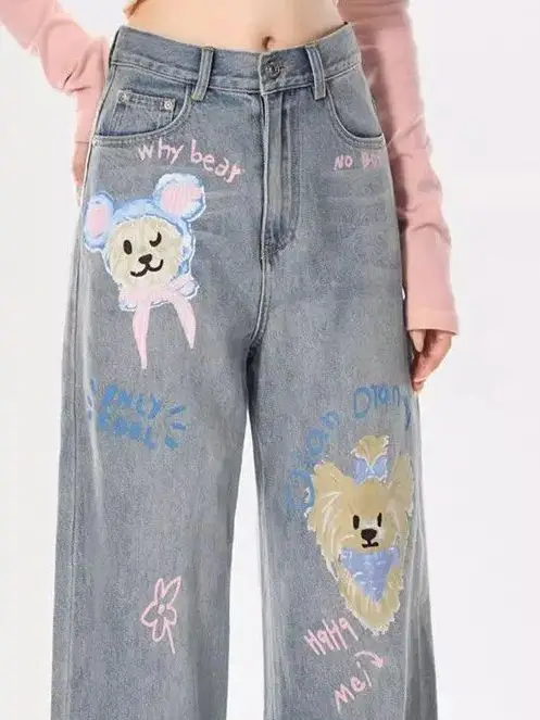 Blue Graffiti Jeans pantaloni a gamba larga americani a vita alta di alta qualità Y2K Style Fashion Streetwear pantaloni femminili pantaloni dritti