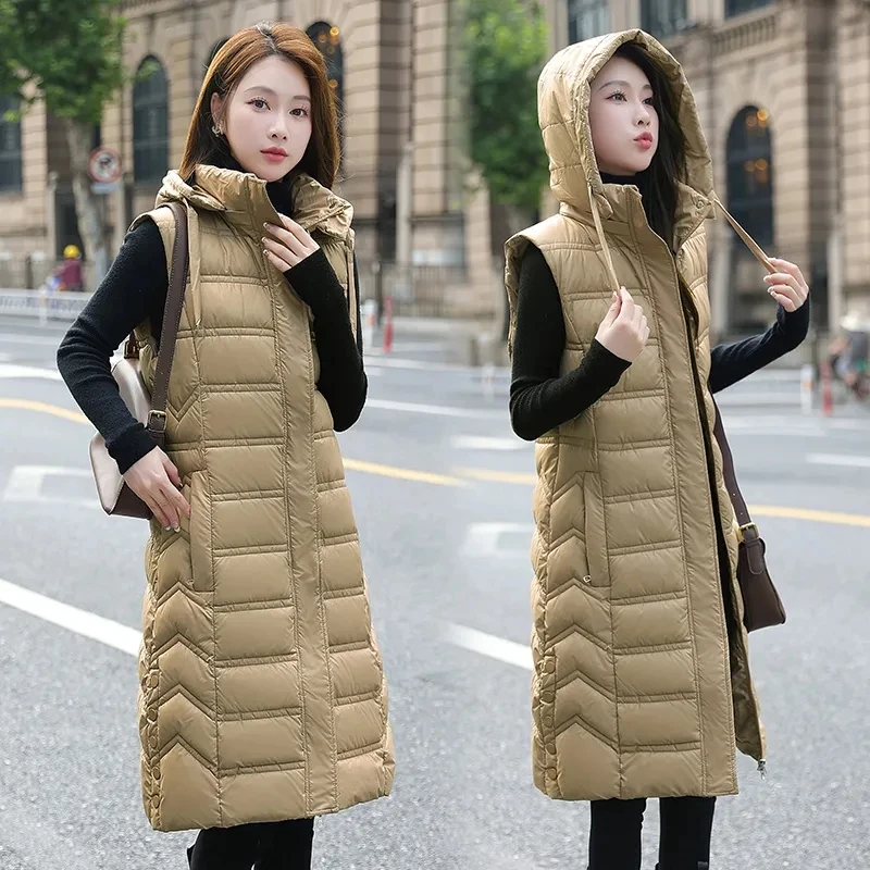 2024 New Korean Vests Sleeveless Coat Women Autumn Winter Hooded Cotton Waistcoat Puffer Parkas Long Warm Down Cotton Outwear