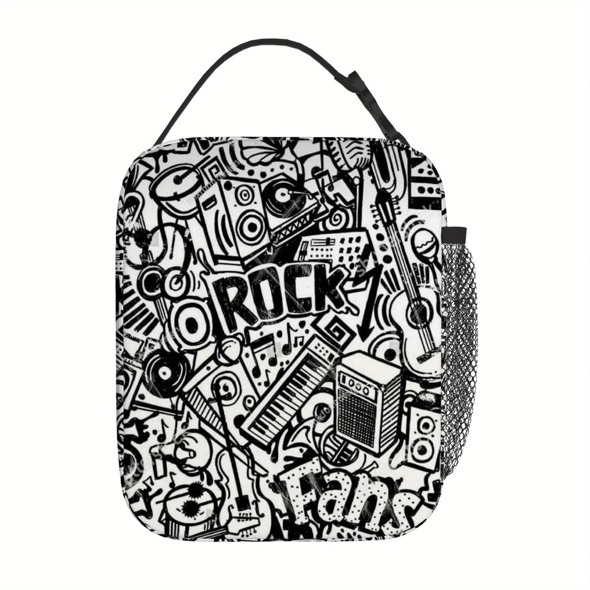 

Rock Music Doodle Art Printed Thermal Lunch Bag Insulated Lunch Tote for Food Storage Unisex Portable Reusable Cooler Lunch Box