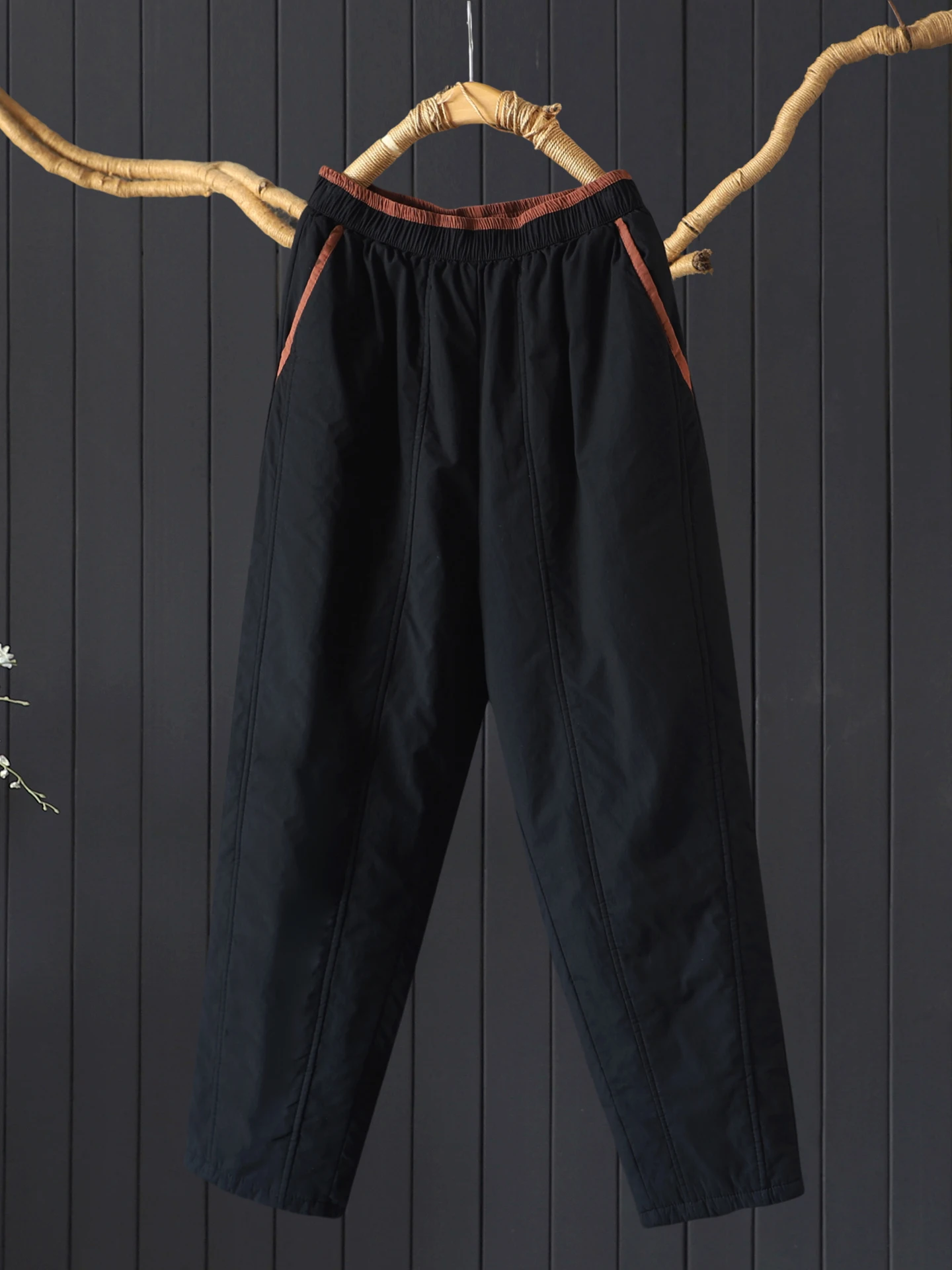 Pantalon de banlieue Harajuku Sle en coton Thiened Pantalon ajusté pour femme Taille élastique Pantalon long décontracté chaud Couleur contrastée...