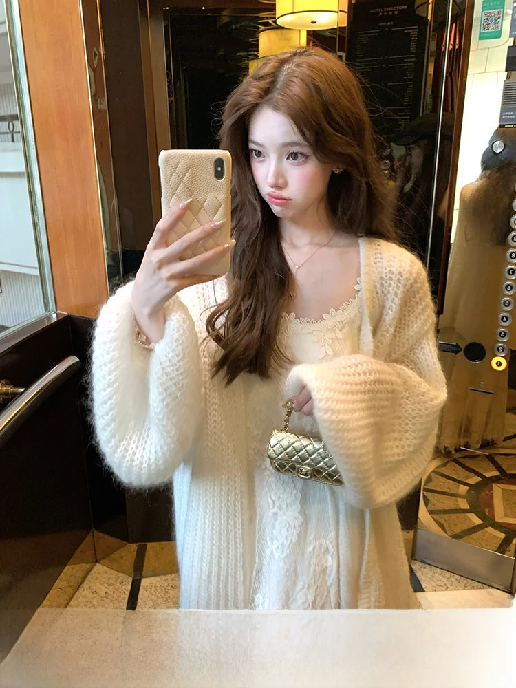 

Acaine Women's Long Sve Knitted Cardigan Coat Loose Fit Ele Sle Camere Wool Blend Soft Polyester Fabric Autumn Wear