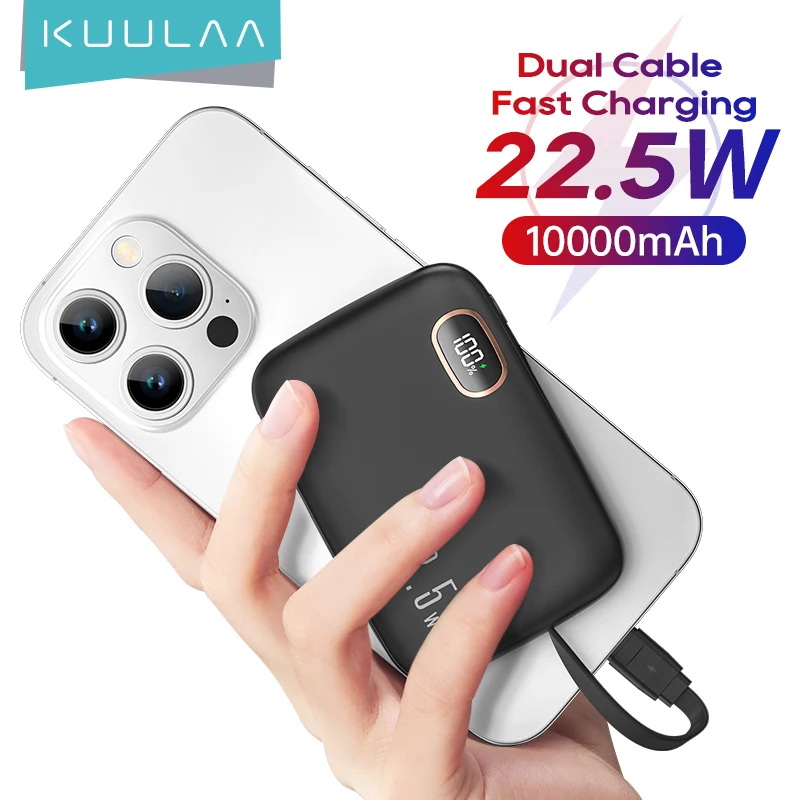 KUULAA 10000mAh Power Bank Three Ports Charging 22.5W PowerBank With Type-C For iPhone Cable PD QC3.0 Charger For Samsung Xiaomi