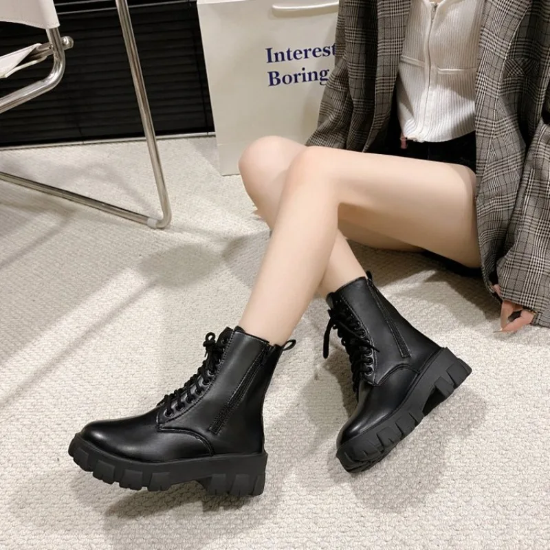 Fashion Women's Ankle Boots Wedge Women's Lacing Platform Black Leather Oxford Women's Boots 2024 Sweatshirt