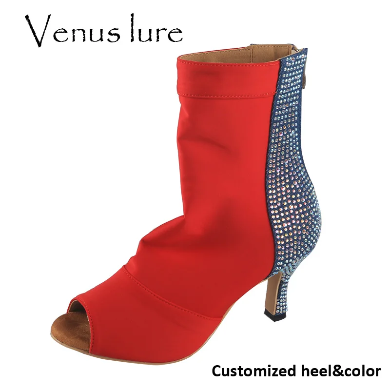 

Venus lure Customized Heel Diamante Latin Dance Boots Woman Red and Blue Peep Toe Dance Ankle Boots